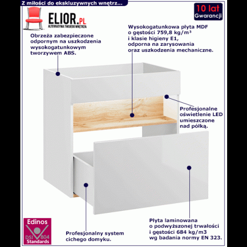 Fotografia Szafka łazienkowa z umywalką w kolorze biały połysk - Laures 4S 60 cm z kategorii Łazienka