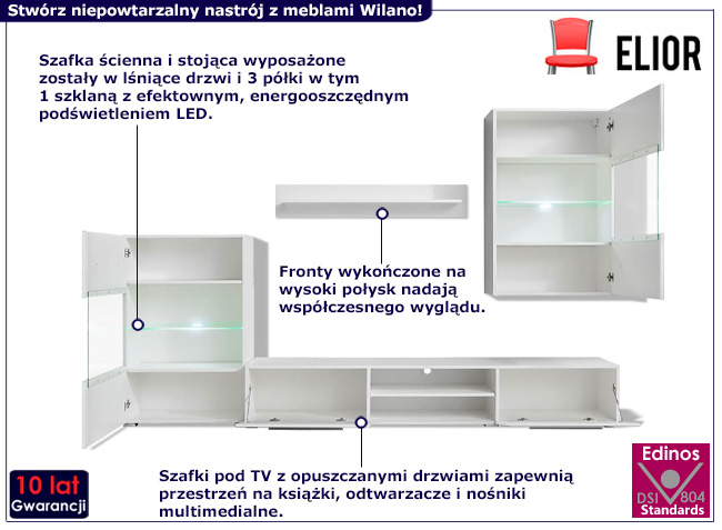 5-częściowy zestaw mebli do salonu Wilano biały połysk