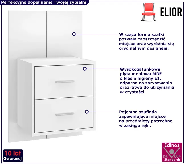 Biała wisząca szafka nocna z szufladami Norx