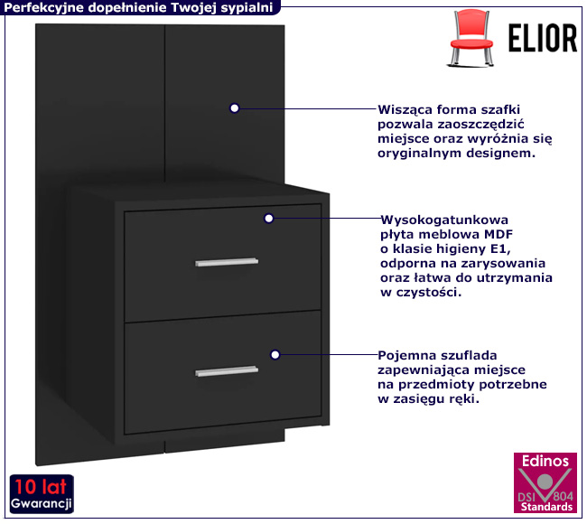 Czarna wisząca szafka nocna z szufladami Norx