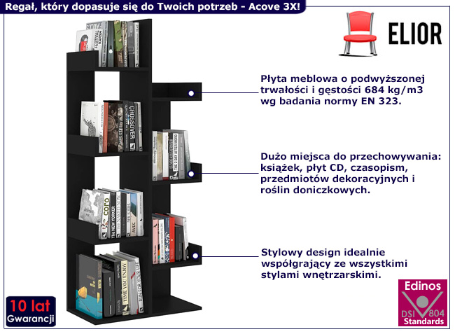 Czarny regał na książki Acove 3X