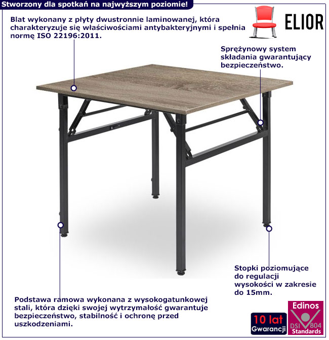 Infografika kwadratowego stołu sztaplowanego Xawo dąb tabac