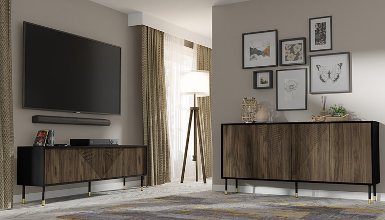 Wizualizacja aranżacji z komodą Nadia 3X czarny + orzech pacyfik