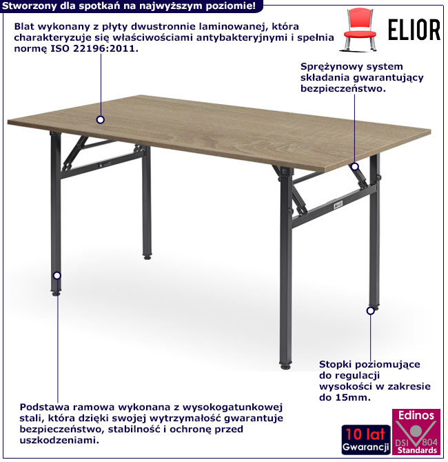 Infografika prostokątnego składanego stołu konferencyjnego Ibos dąb tabac