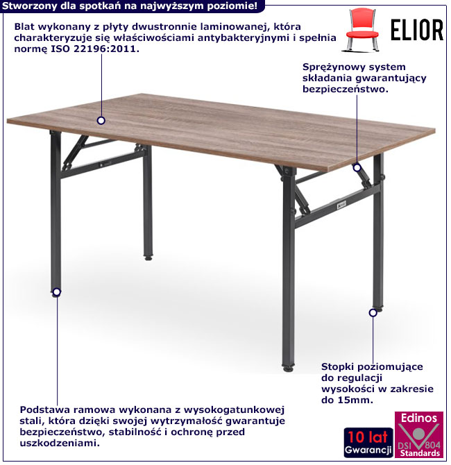 Infografika prostokątnego składanego stołu konferencyjnego Selima dąb sonoma
