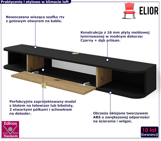 Szafka rtv czarny + dąb artisan Calmero