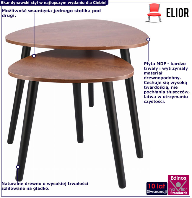 Infografika brązowego kompletu 2 stolików 2w1 Flavor