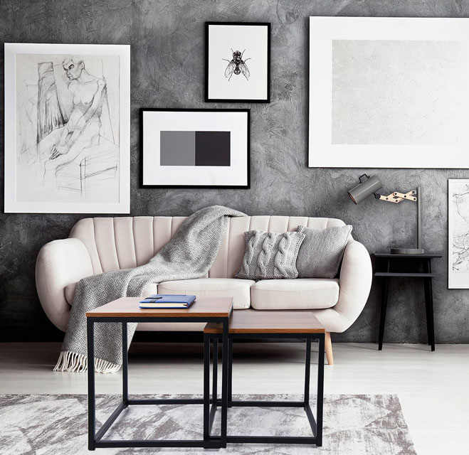 Industrialny salon z wykorzystaniem rozsuwanego stolika 2w1 Olvina
