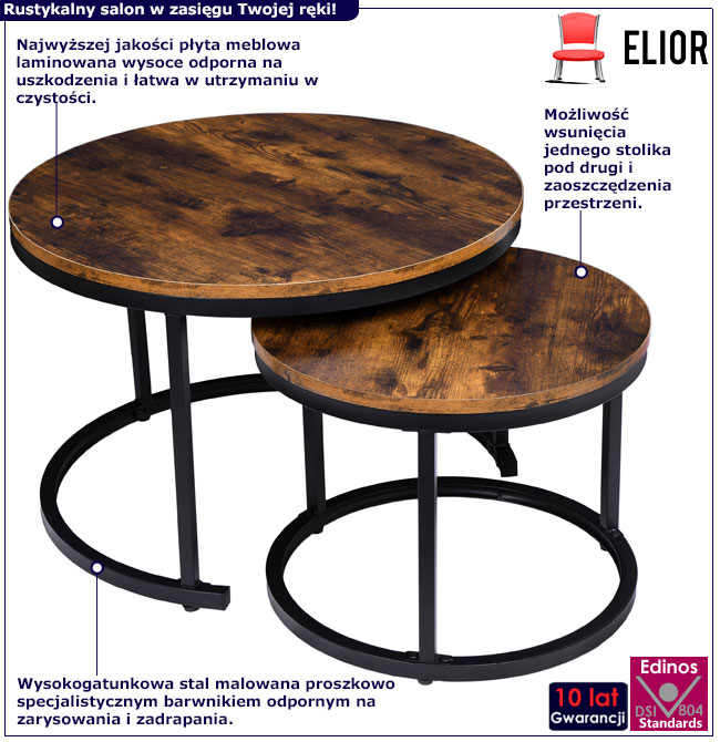Infografika rustykalnego kompletu okragłych stolików kawowych Fiora