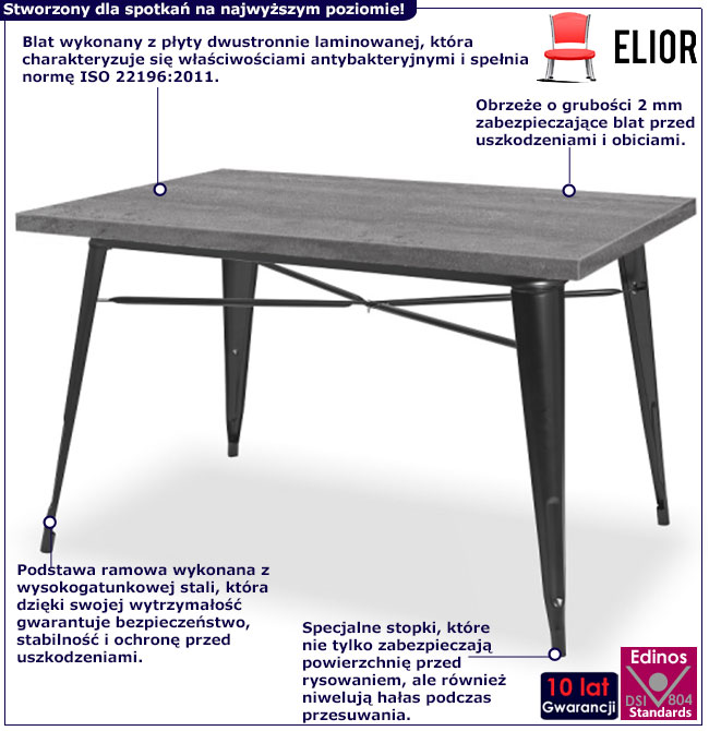 Infografika prostokątnego stołu loft beton Amateo 4X