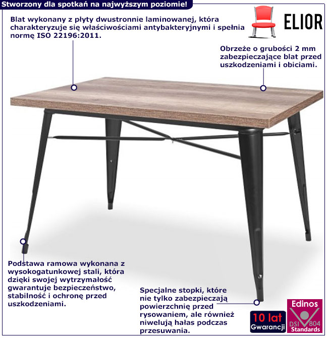 Infografika prostokątnego stołu loft dąb sonoma Amateo 4X