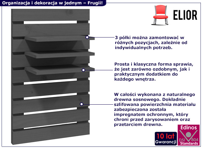 Komplet 2 wiszących półek nocnych Fruggi kolor szary