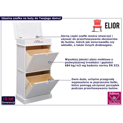 Biała szafka na buty z uchylnymi szufladami Kristor