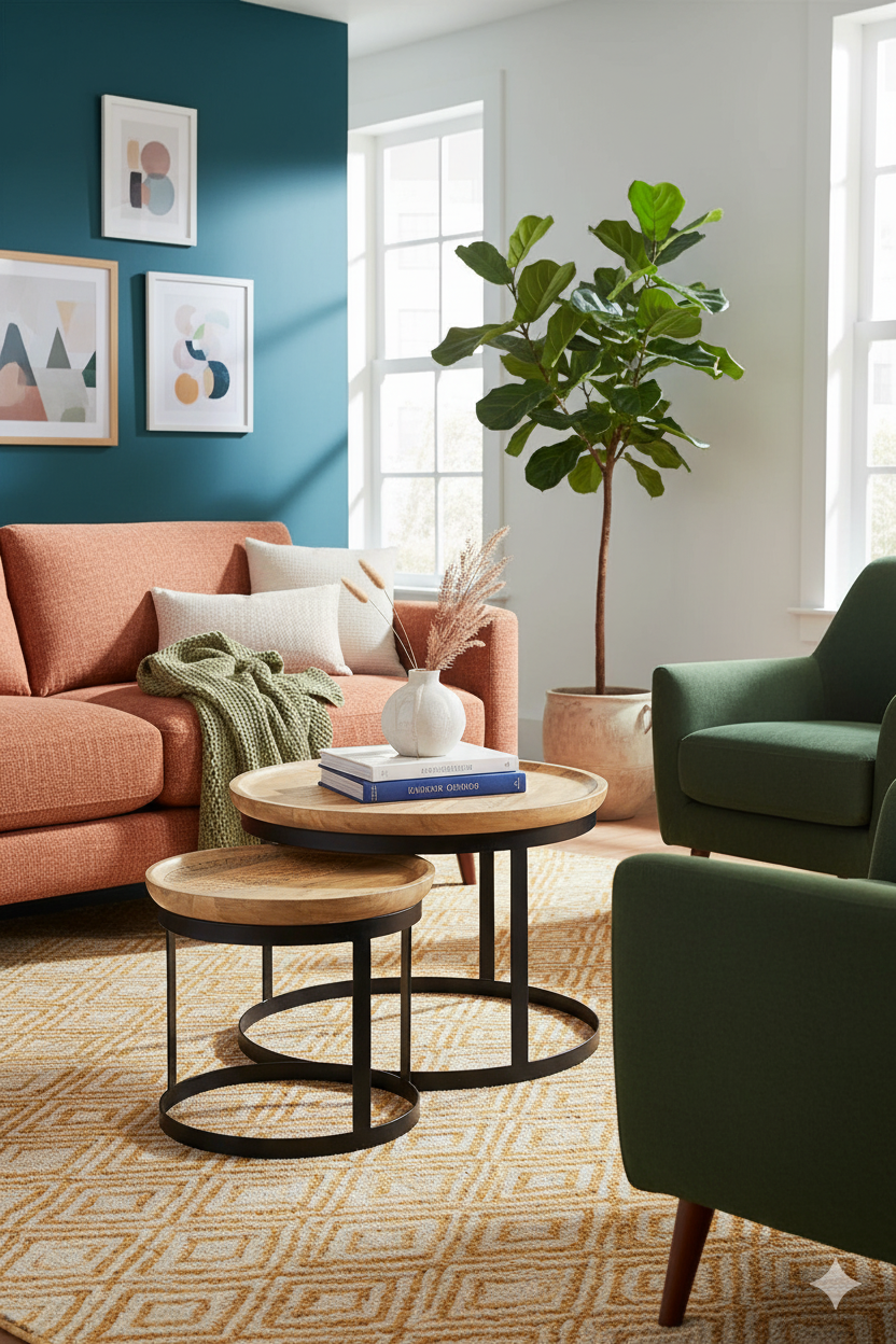 Aranżacja salonu ze stolikami rozel