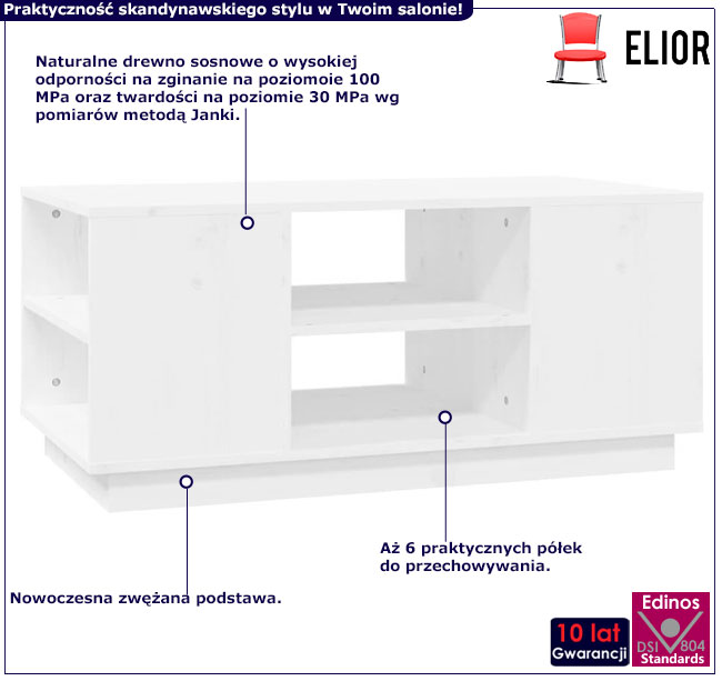 Infografika drewnianego białego prostokątnego stolika kawowego Tovizo