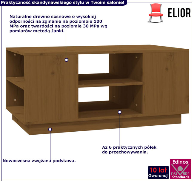 Infografika drewnianego prostokątnego stolika kawowego miodowy brąz Fivi