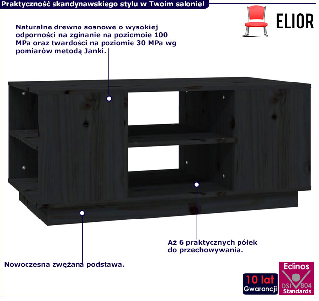 Infografika drewnianego czarnego prostokątnego stolika kawowego Fivi