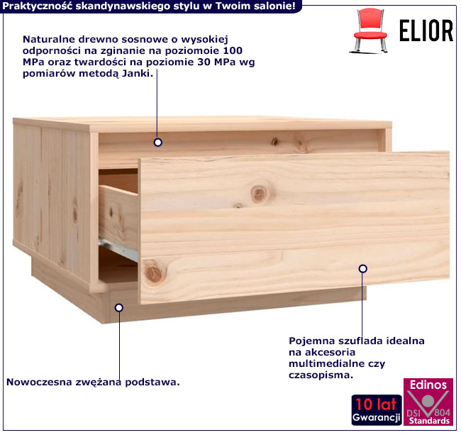 Infografika drewnianego stolika sosnowego z szufladą Vallos