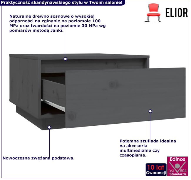 Infografika drewnianego szarego stolika sosnowego z szufladą Vallos