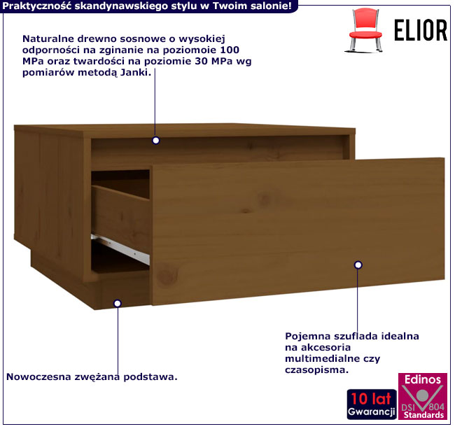 Infografika stolika sosnowego z szufladą miodowy brąz Nezo