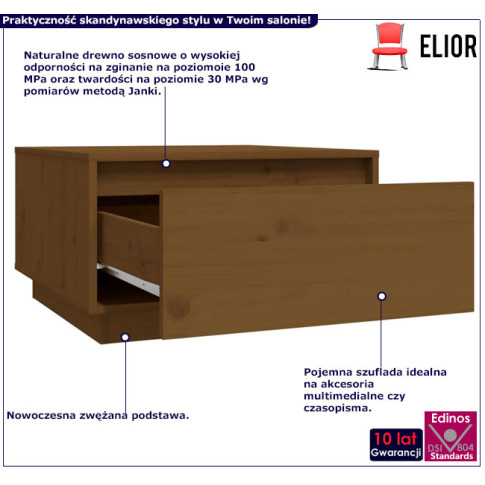 Infografika drewnianego stolika kawowego z szuflada miodowy brąz Vallos
