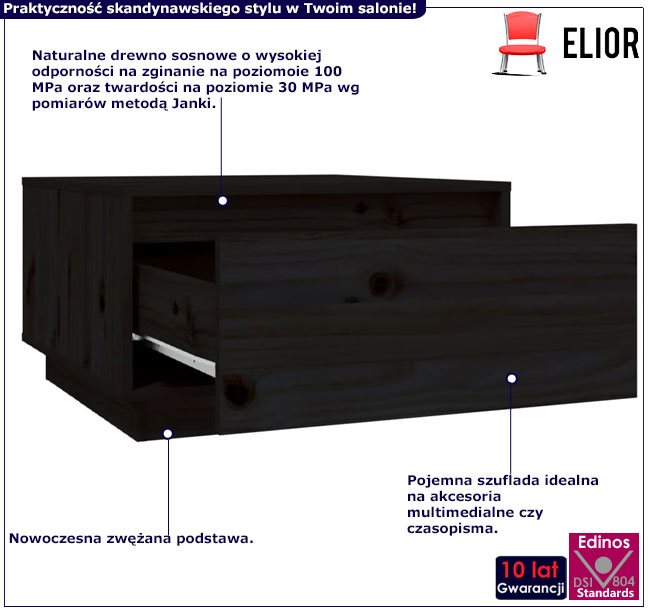 Infografika drewnianego czarnego stolika sosnowego z szufladą Vallos