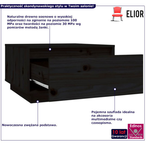 Infografika czarnego drewnianego stolika kawowego z szufladą Vallos