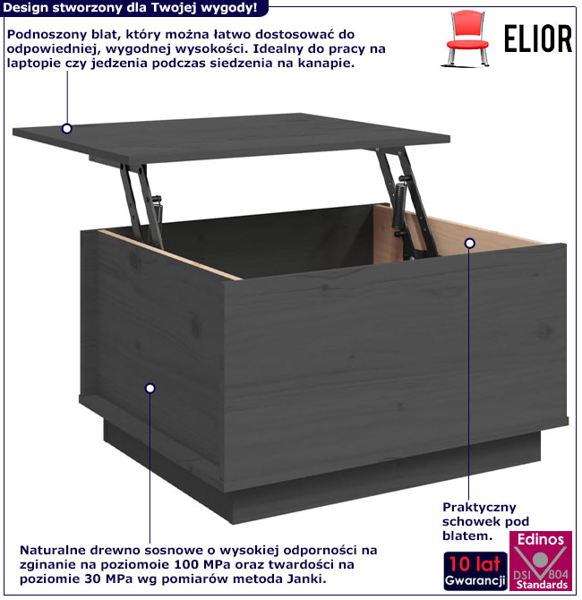 Infografika szarego drewnianego stolika kawowego Adversa 3X