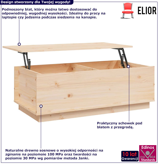 Infografika sosnowego stolika kawowego Adversa 4X