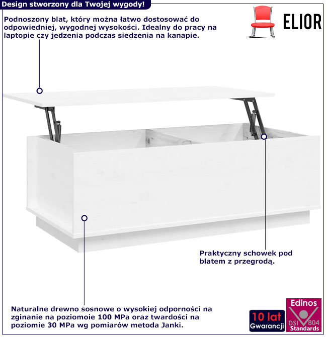 Infografika białego sosnowego stolika kawowego Vios 4X