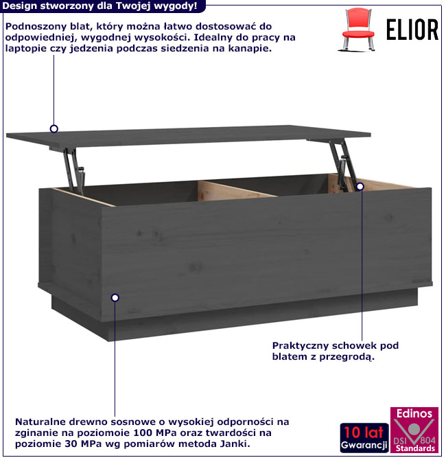 Infografika szarego sosnowego stolika kawowego Adversa 4X
