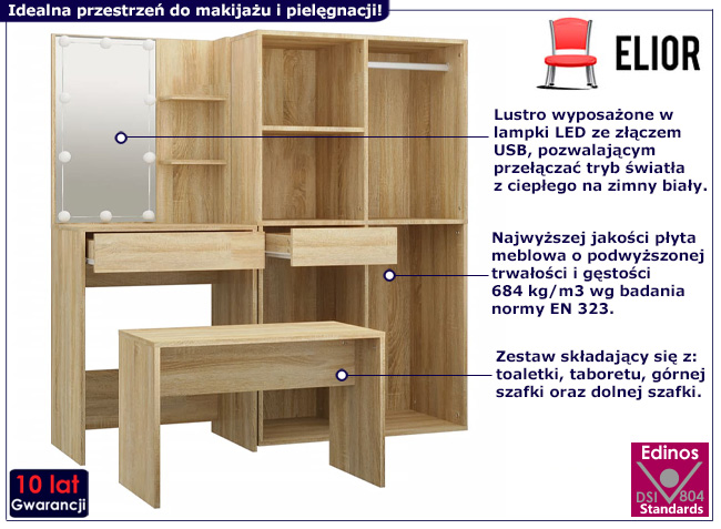Zestaw z toaletką, taboretem i szafkami Vojtori dąb sonoma