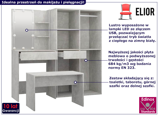 Zestaw z toaletką, taboretem i szafkami Gavina beton