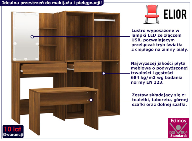 Zestaw z toaletką, taboretem i szafkami Reeva brązowy dąb