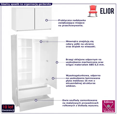 Fotografia Biała szafa na ubrania z nadstawką - Texan z kategorii Meble do przechowywania