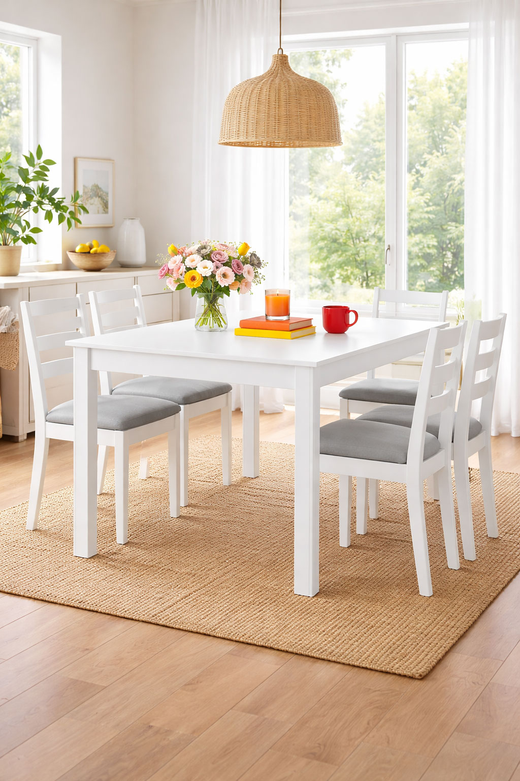 Aranżacja wnętrza jadalni z białym stołem Nadeva 3X