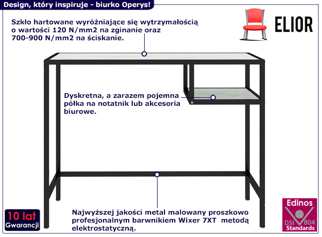 Biurko ze szklanym blatem i półką Operys biały marmur