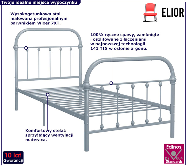 Szare metalowe łóżko w stylu industrialnym 100 x 200 Etiosa