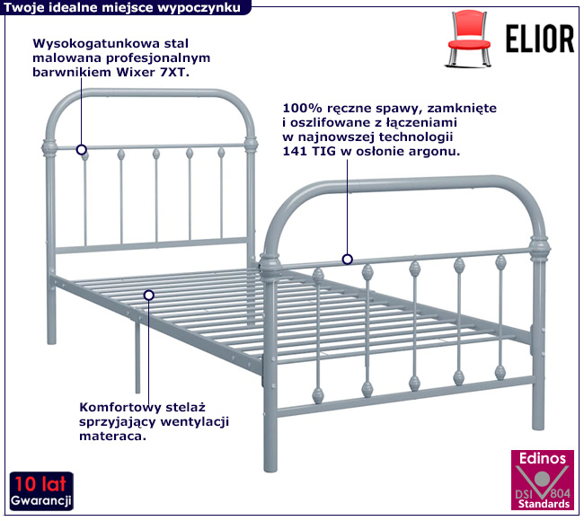 Szare metalowe łóżko w stylu industrialnym 100 x 200 Asal