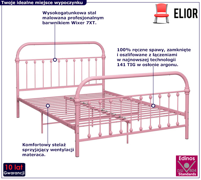 Metalowe różowe łóżko w stylu loft Asal