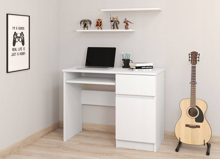 Białe biurko komputerowe z wysuwaną półką Elwo