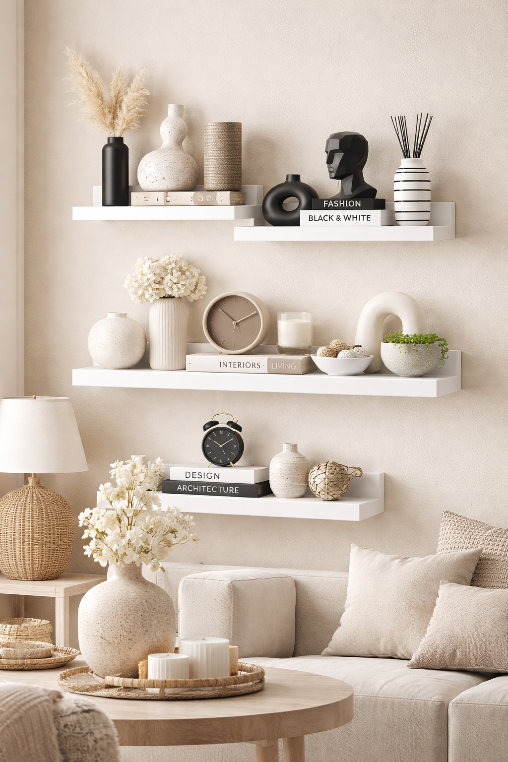 Aranżacja wnętrza z białymi półkami Hagi