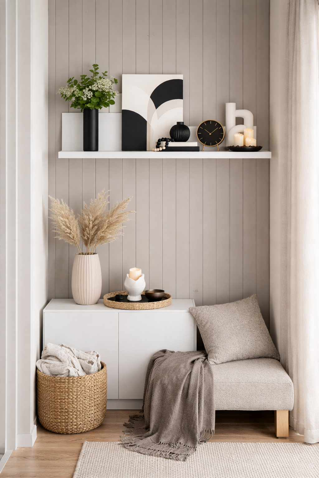 Aranżacja wnętrza z białą półką Hagi