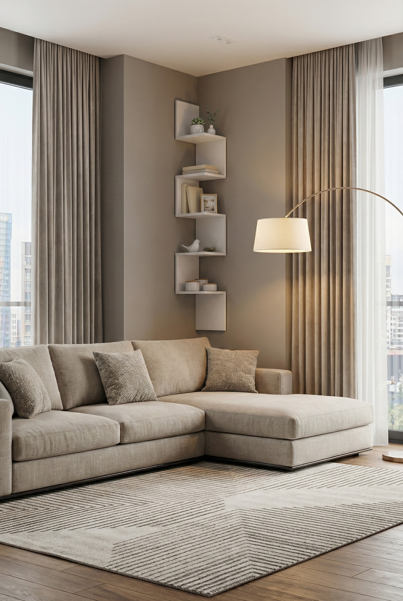 Aranżacja wnętrza z białą półka narożną Lanum