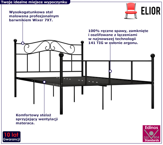 Czarne metalowe łóżko w stylu loft Fiosa
