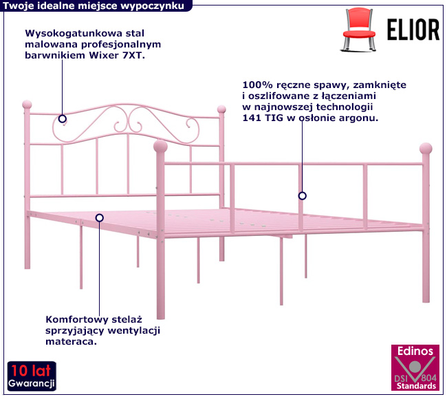 Różowe łóżko w stylu loftowym Fiosa 180