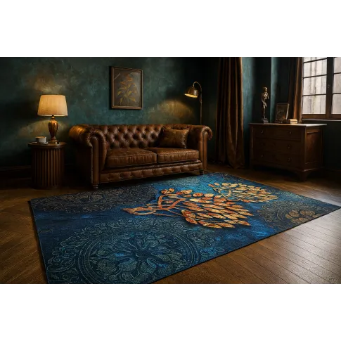Nowoczesny granatowy dywan z motywem naturalnym   Tagi 6X