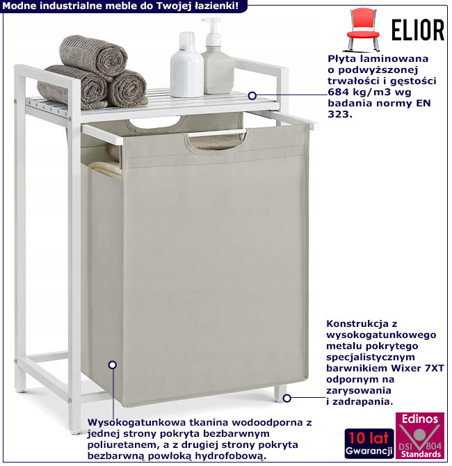 Infografika białej szafki łazienkowej z koszem na pranie Bedos 5X