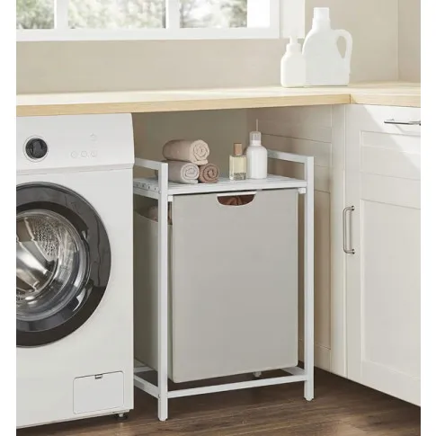 Pralnia z wykorzystaniem białej szafki łazienkowej z koszem na pranie areo 5x