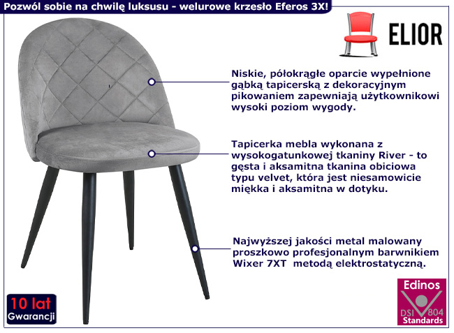 Welurowe krzesło Lemur 3X kolor szary